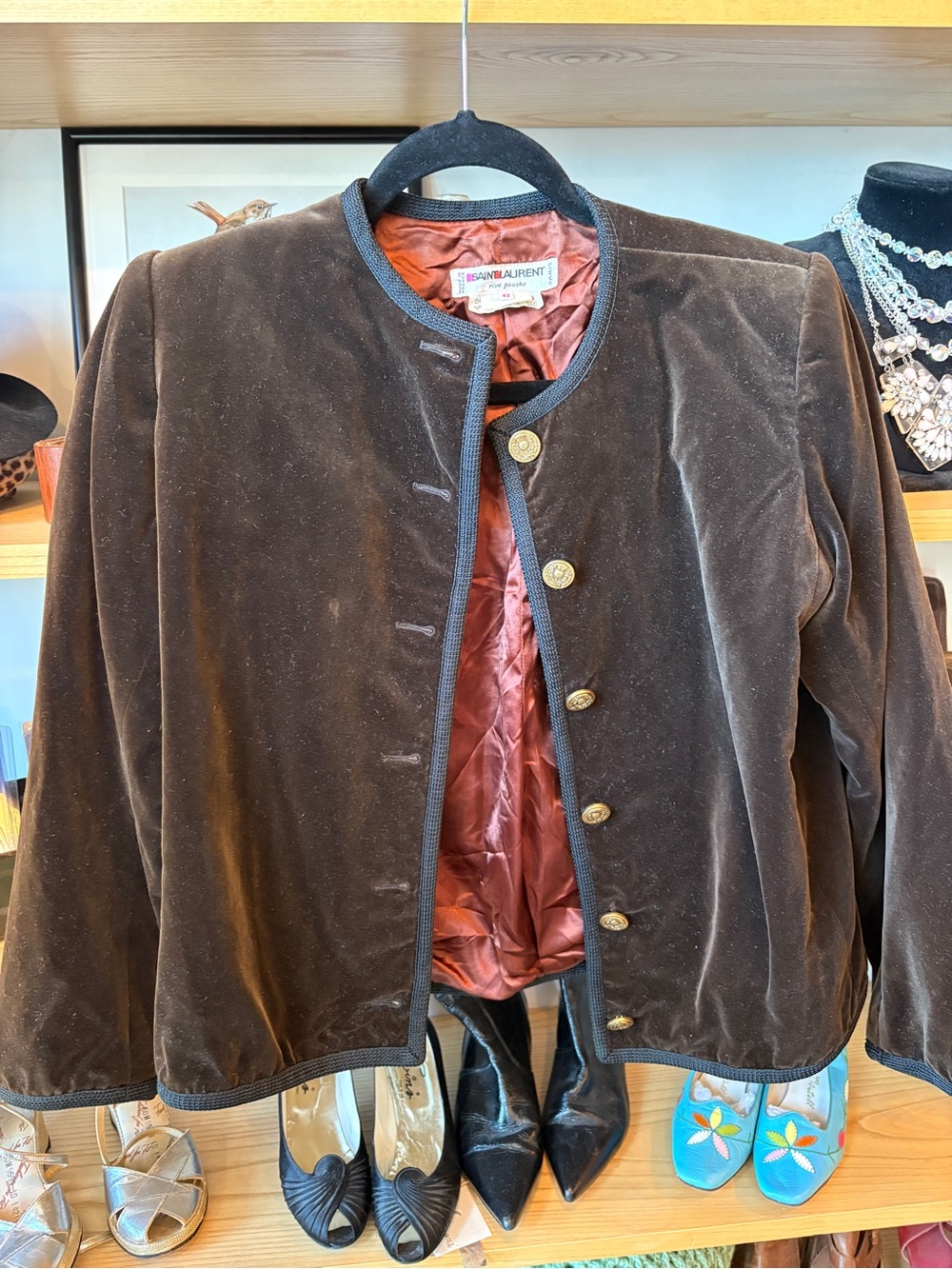 Yves Saint Laurent Brown Velvet Collarless Jacket with Gold Buttons